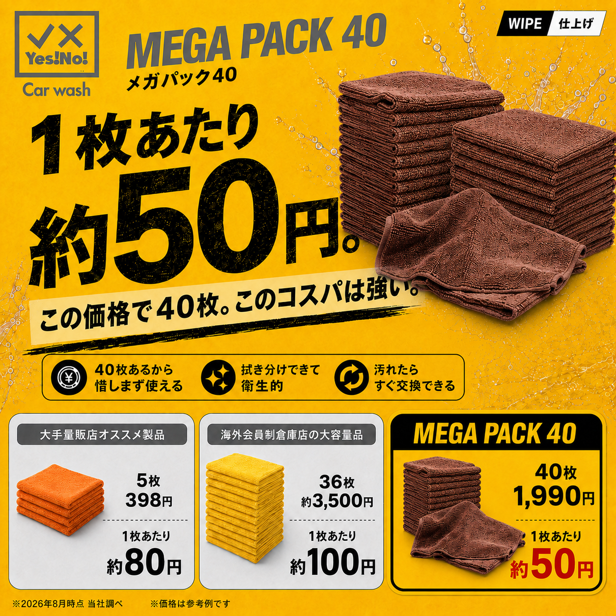 Yes!No! メガパック40 マイクロファイバータオル40枚入り 40×40サイズ　大容量　ブラウン