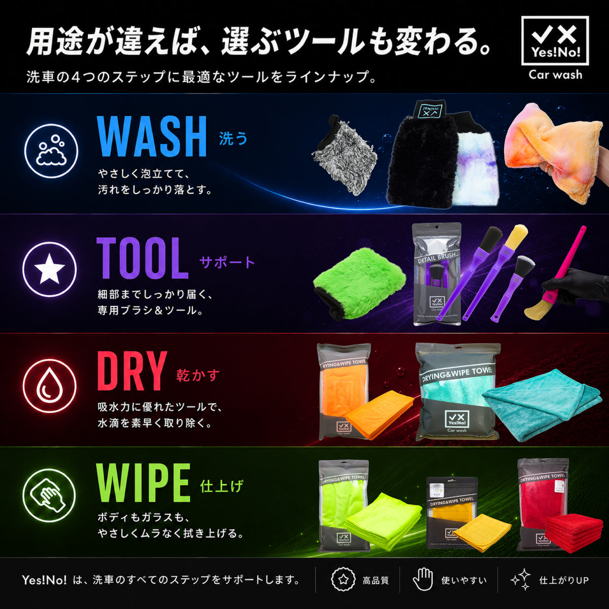 Yes!No! イエスノー 洗車用タオル マルチタオル 3カラー40×60cm 5枚入り